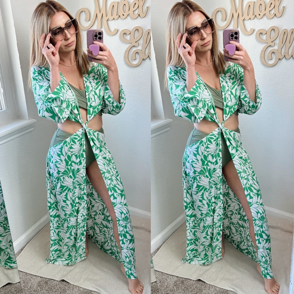 Shade & Shore long sleeve tropical green & White twist open front maxi cover up
